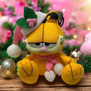 Garfield Pink Christmas Holiday Plush Toy With Santa Hat & Scarf Window Cling